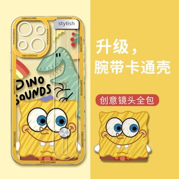 海綿寶寶腕帶適用蘋果16手機殼網紅新款iphone15pro max透明支架十三硅膠軟殼卡通mini情侶超火16pro14外殼女