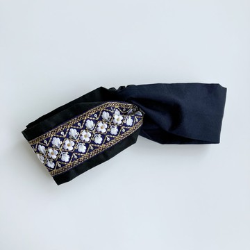 日本刺繡緞帶 金線格紋小白花 深藍色黑色 日本布 交叉髮帶