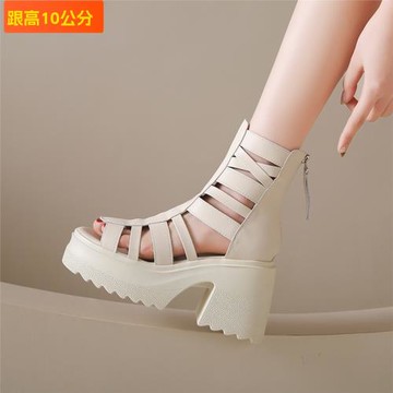 透氣粗跟超高跟鞋時尚防水臺厚底涼靴女后拉鏈魚嘴羅馬鏤空馬涼鞋