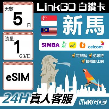 LinkGO白鑽卡 新馬 eSIM卡 5天上網卡 每日1GB 高速流量(新馬網卡 新加坡 馬來西亞 吉隆坡)