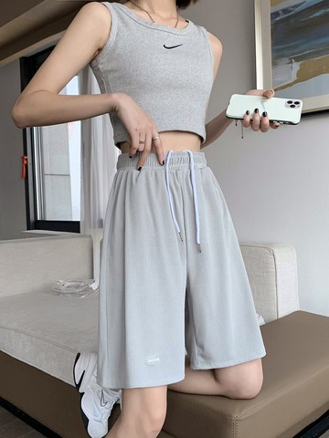 灰色運動短褲女夏季薄款外穿寬松高腰學生中褲休閑闊腿冰絲五分褲
