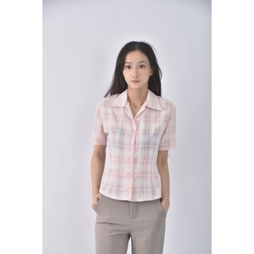 (S) 格紋粉色襯衫上衣二手衣