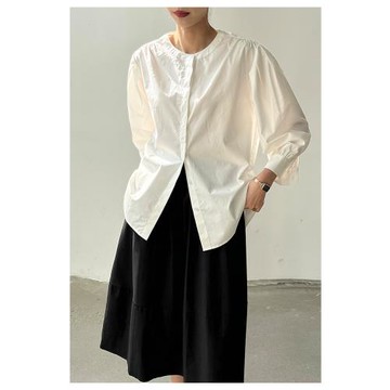 JANE白色小圓領泡泡九分袖襯衫女法式氣質優雅設計感小眾干凈上衣