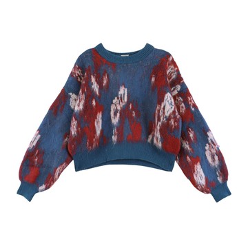 深藍綠冰裂紋短版寬鬆毛衣