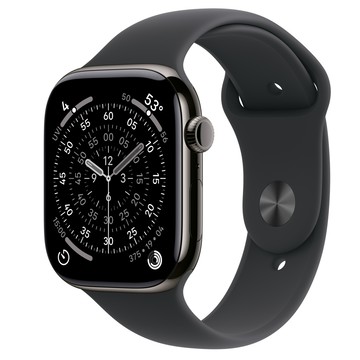 Apple Watch Series 11 (GPS + 行動網路)；46 公釐石瓦色鈦金屬錶殼；黑色運動型錶帶 - M/L