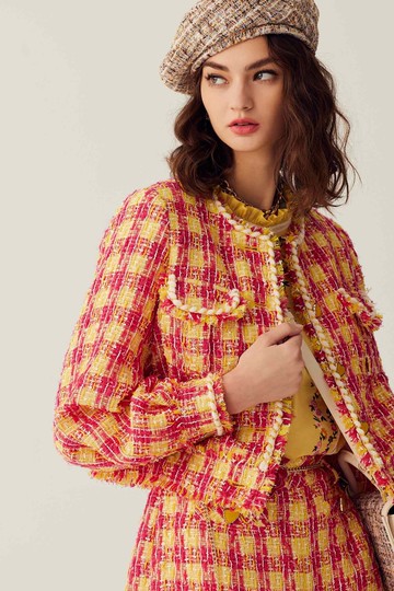 光輝紅格紋花呢紗外套