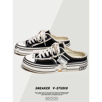 男士透氣半拖帆布鞋男乞丐懶人鞋子潮鞋托無后跟一腳蹬男鞋板鞋潮