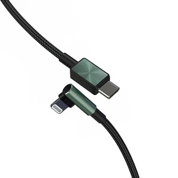 【iFory】 Type-C to Lightning 90° 彎頭 蘋果MFi認證 雙層編織充電傳輸線-0.9M(暗夜綠)