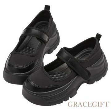 【Grace Gift】復古學院輕量厚底瑪莉珍芭蕾運動鞋 黑