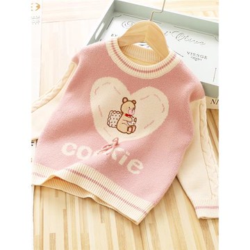 女童毛衣春裝薄款2023年新款兒童可愛小熊打底上衣寶寶卡通針織衫