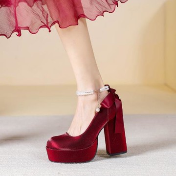 防水臺12cm超高跟鞋女粗跟紅色婚鞋秀禾婚紗兩穿法式厚底珍珠單鞋