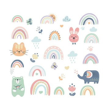 WA Wall Art 無痕設計防水壁貼 北歐風 馬卡龍 糖果色 動物 彩虹 兔子 64056