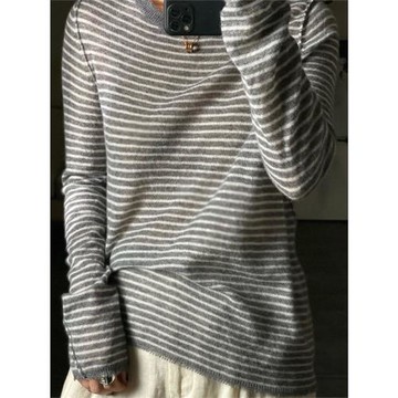 歐洲站精紡羊毛衫女超薄微透圓領條紋外穿毛衣寬松打底針織衫春秋