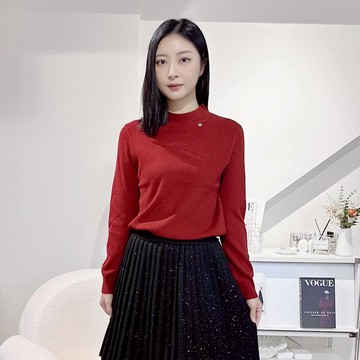 HONOR簡約圓領肩釦修身針織上衣-紅