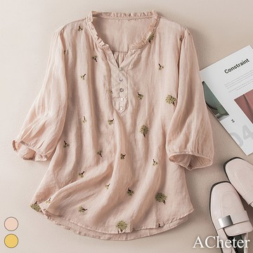 【ACheter】棉麻春夏薄款寬鬆刺繡木耳邊V領短版上衣 # 116730(現貨+預購)