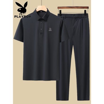 (免運)花花公子中年夏季短袖冰絲套裝男爸爸休閑無痕T恤中老年翻領男裝