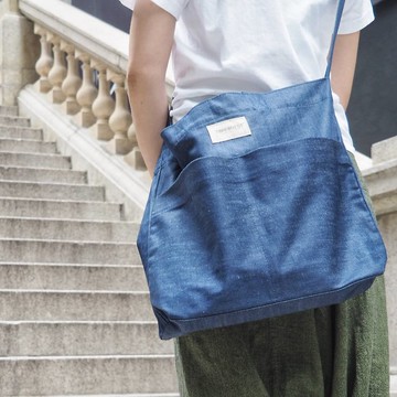 必備百搭牛仔布袋(2色選擇:純藍/條子)兩用袋(手挽袋+斜身袋)牢固