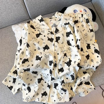 可愛黑白兔雲朵棉睡衣女春秋季長袖長褲卡通少女家居服套裝 睡衣套裝 長袖長褲睡衣 女生休閒居家服 可外穿 女生睡衣