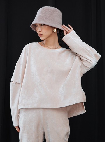 袖剪接開口雪尼爾上衣