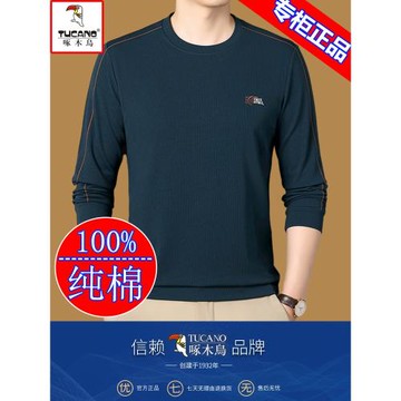 啄木鳥純棉衛衣男士2024新款長袖t恤男春秋圓領打底上衣體恤衫潮T