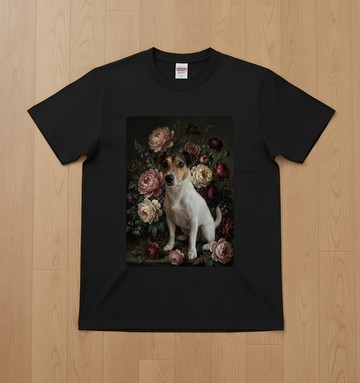 傑克羅素梗犬（Jack Russell Terrier）短袖 T 恤 花卉油畫風格藝術 黑色 男女皆宜