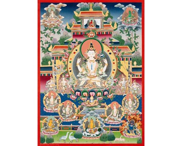 24K 黃金佛教觀音獅身唐卡畫布藝術