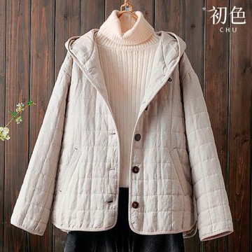 初色 禪風復古純色寬鬆連帽長袖單排牛角釦雙口袋棉服外套女外套-麻色-16740(M-2XL可選)