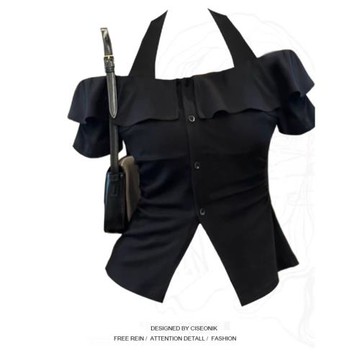 大碼胖mm純欲甜辣妹一字肩掛脖小上衣女夏短袖別致絕美法式小衫潮