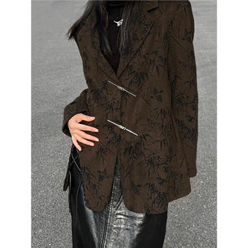 云鬢斜簪新中式老錢風咖色竹葉休閑復古西裝外套女夾棉美拉德套裝