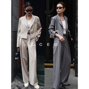 QCEO\時髦高級感通勤西裝褲精紡羊毛直筒褲垂感闊腿褲長褲女春秋