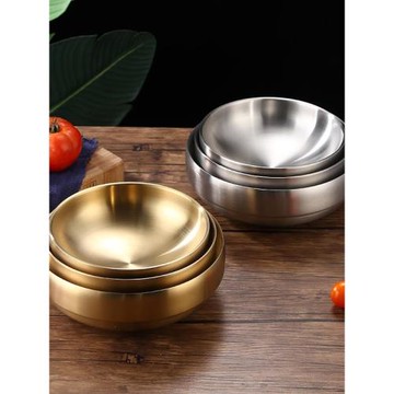 304不銹鋼韓式碗小吃碗米飯碗雙層兒童碗泡菜碗料理碗金色冷面碗