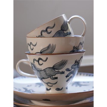 辛穎手作老料青花手繪小馬系列咖啡杯碟盤中式