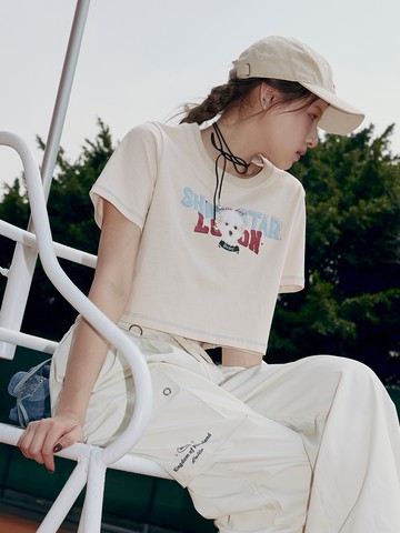 少女狗狗短版上衣-杏色