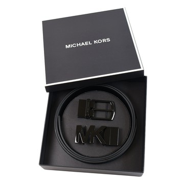 MICHAEL KORS 男款 黑字MK緹花LOGO防刮雙面用皮帶禮盒-藍色