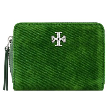 TORY BURCH 178173 經典LOGO絨面拉鍊卡片零錢包.綠