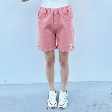 Hana-Mokuba花木馬日系女裝簡約鬆緊腰反摺短褲_佶粉/綠