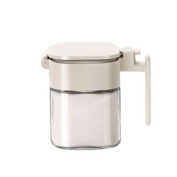 味滿勺倉分離調味罐 玻璃密封鹽罐 一鍵開合 防潮收納罐 400ml 內置勺倉附湯匙 調料瓶 佐料瓶 廚房收納 台灣現貨