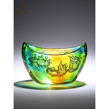 琉璃工藝品元寶型魚缸聚寶盆擺件風水招財聚財水晶客廳裝飾高級感