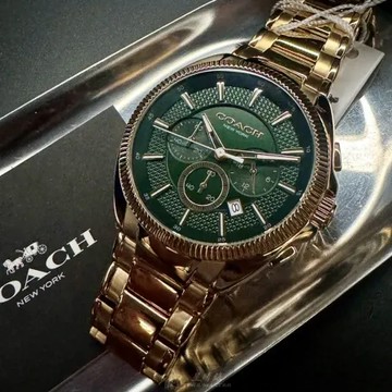COACH44mm圓形金色精鋼錶殼墨綠色錶盤精鋼金色錶帶款CH00215