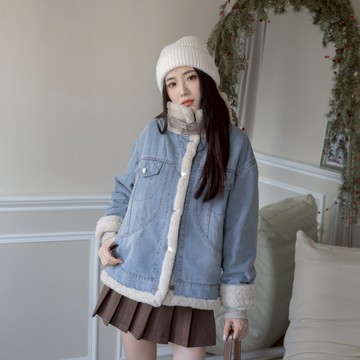 立領皮革釦環口袋內刷毛牛仔外套 CL252144