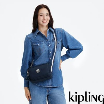 Kipling 藏藍黑白織帶多層隨身斜背包-ABANU M