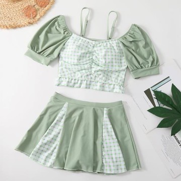 韓版小清新少女泳衣女童中大童10-15歲學生保守裙式兒童分體泳裝