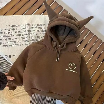 男童刷毛連帽大學T 可愛風小惡魔印花外套 中大童外套 秋冬季保暖加厚洋氣痞帥外套潮WT