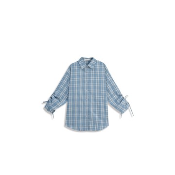 格紋袖抽繩綁帶設計寬版襯衫 兩色售