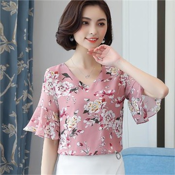 氣質遮肚子雪紡衫短袖女裝夏季新款碎花甜美寬松大碼襯衫上衣