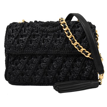 TORY BURCH 135689 品牌LOGO草編翻蓋肩斜背包.黑