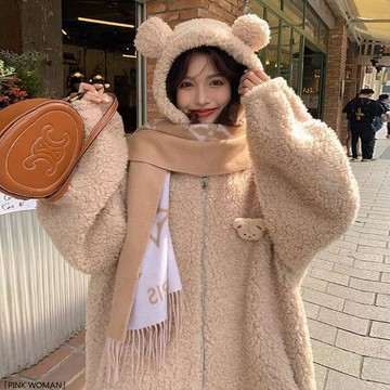 輕款羊羔毛小熊耳連帽外套女秋冬季百搭加厚毛毛絨大衣