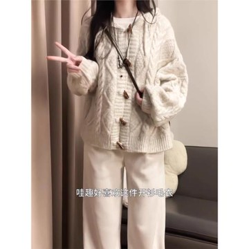 軟糯慵懶風牛角扣連帽麻花毛衣外套女秋冬2025新款韓版高級感上衣