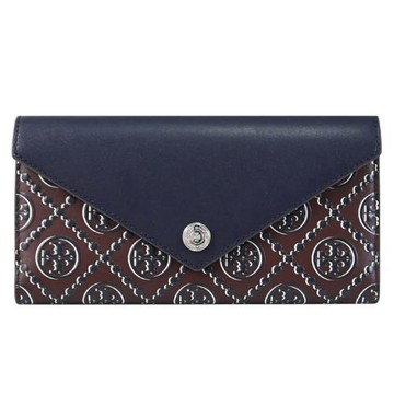 TORY BURCH 175040 撞色立體花紋信封式三折長夾.深藍/棕