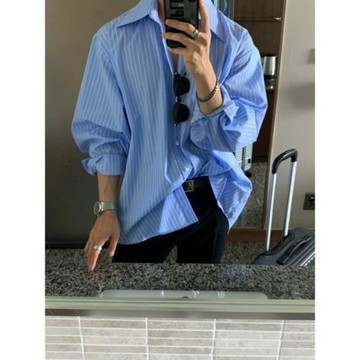 TANGZ STUDIO藍色豎條紋襯衫男長袖百搭痞帥韓系寬松休閑襯衣春秋